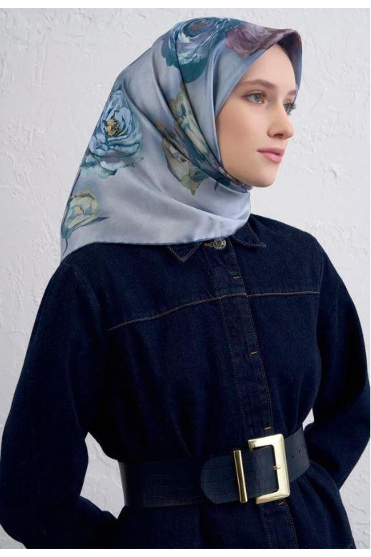 2025 Desenli Saf İpek Twill Eşarp 9419-07