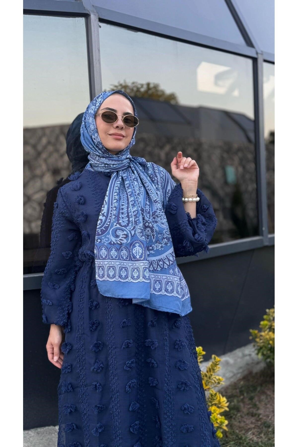 Beli Büzgülü Şifon Elbise Lacivert