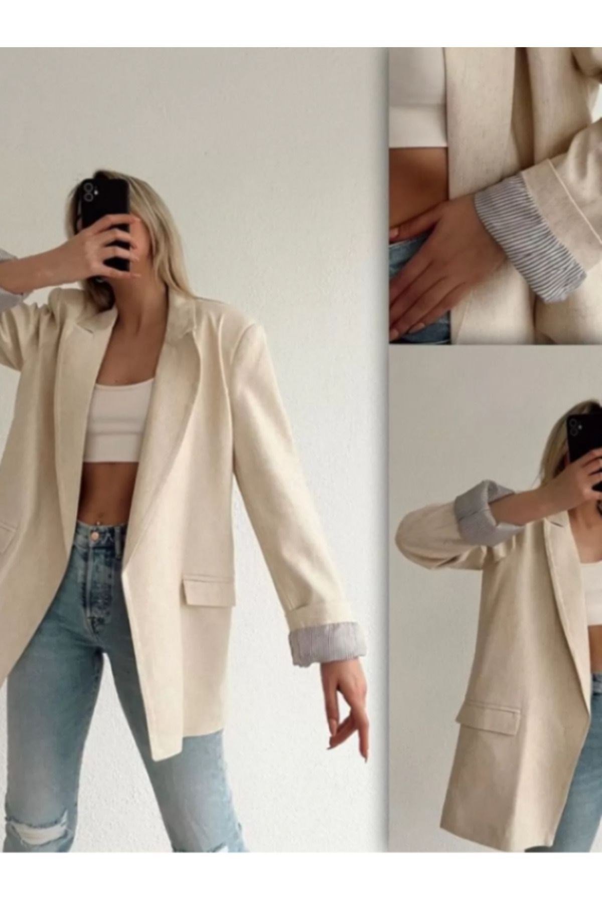Blazer Ceket Keten Naturel