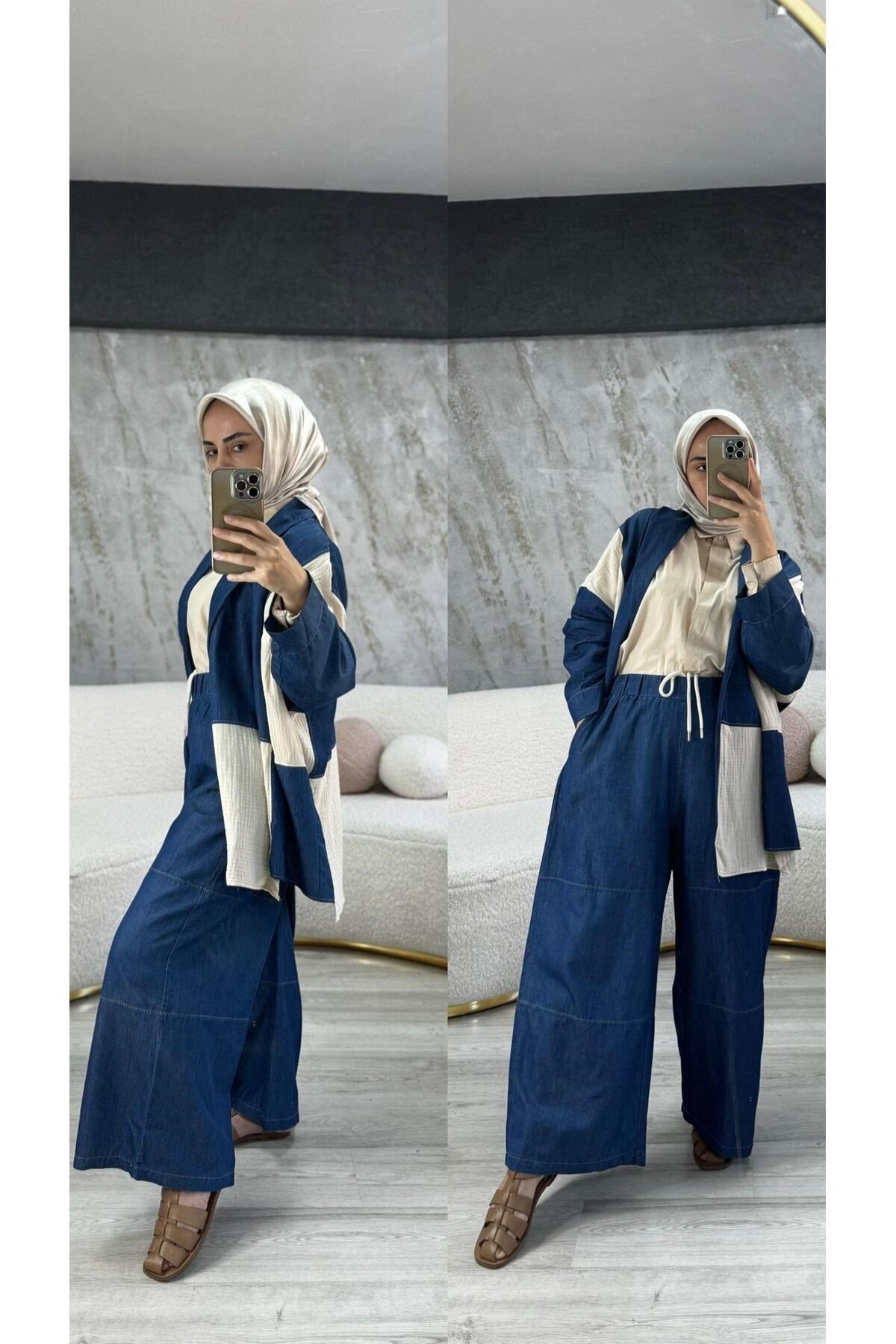 Blok Renkli Oversize Mevsimlik Ceket Denim