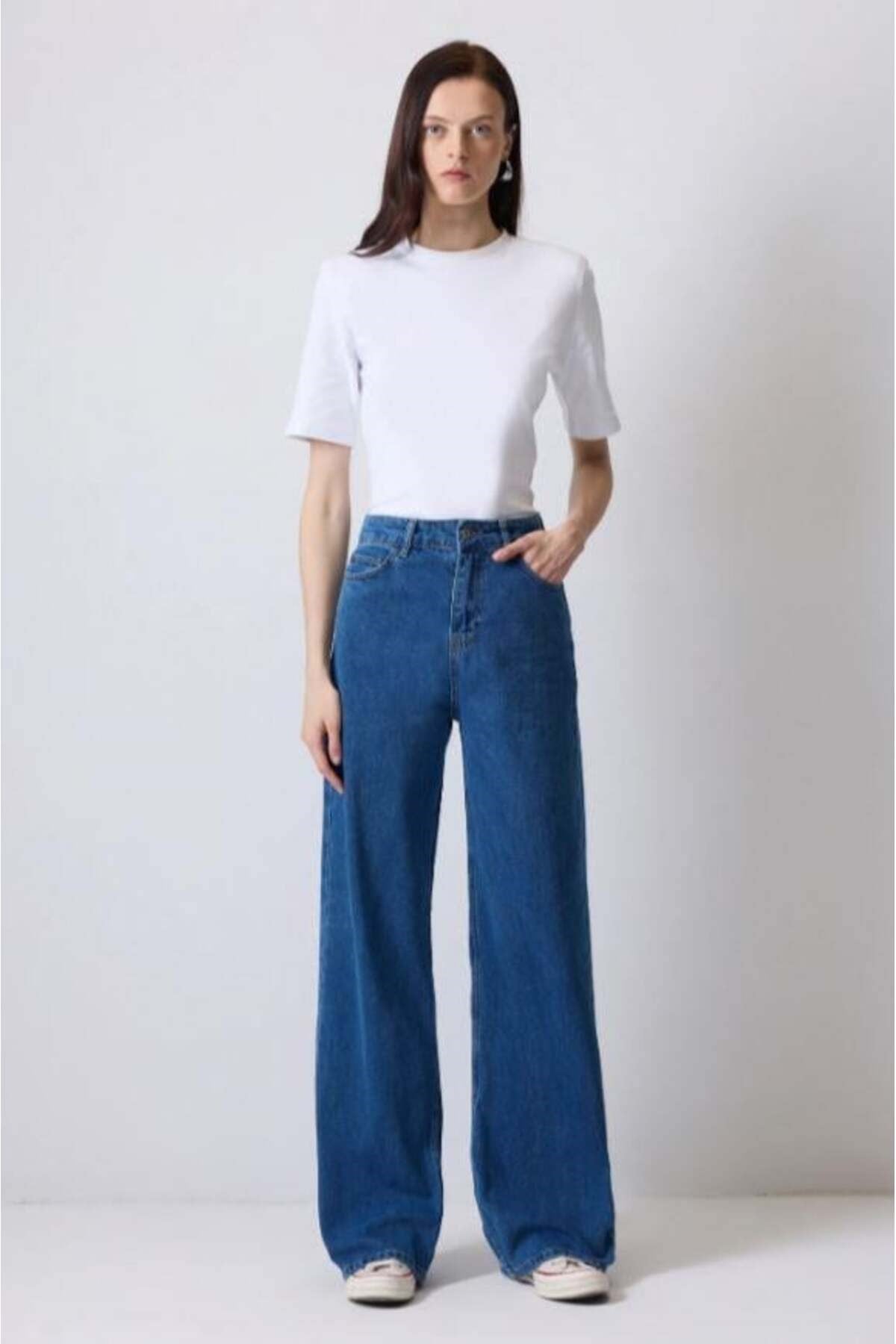 Bol Paça Denim Pantolon Açık Denim