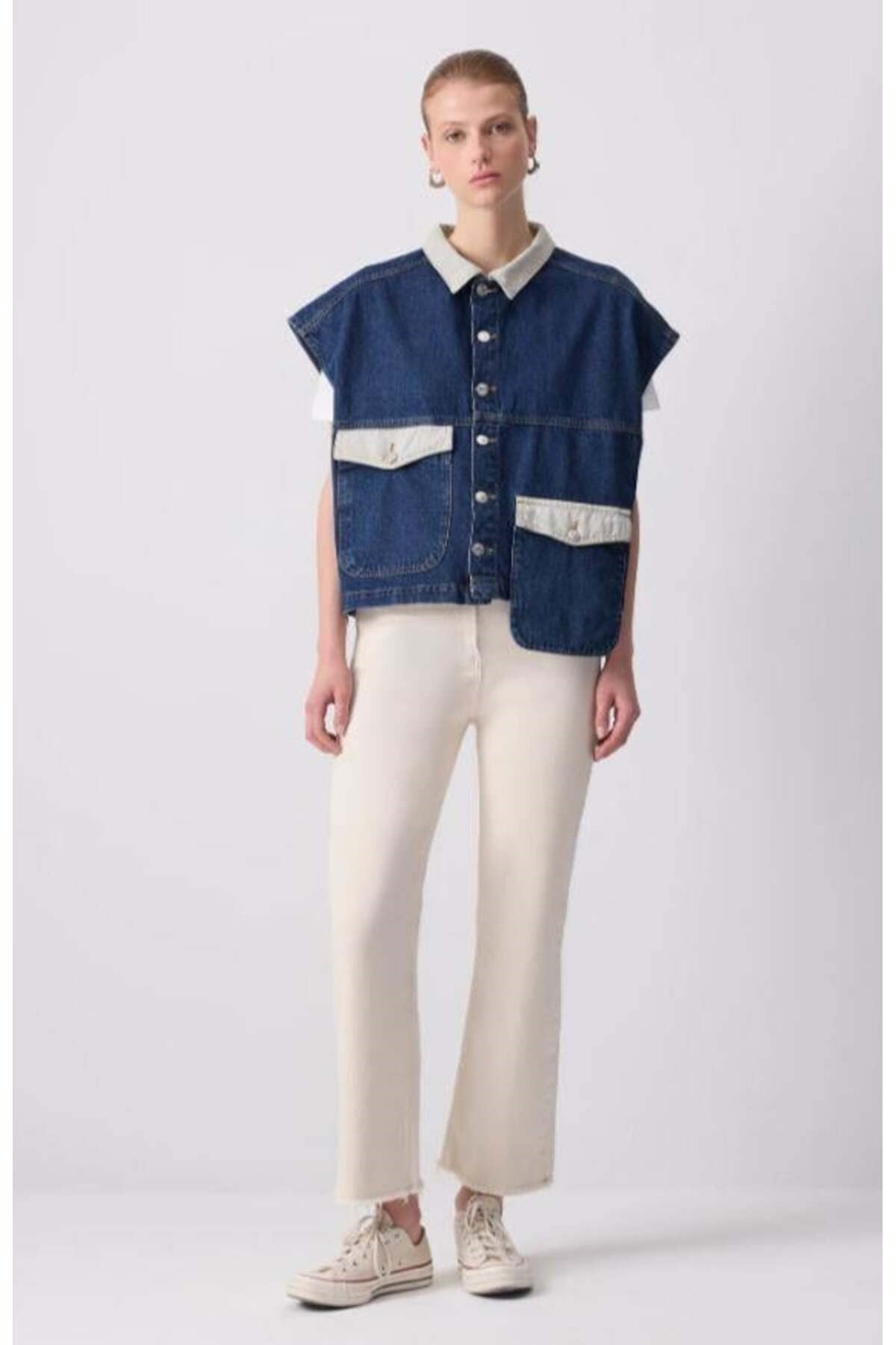 Cep Detaylı Denim Yelek