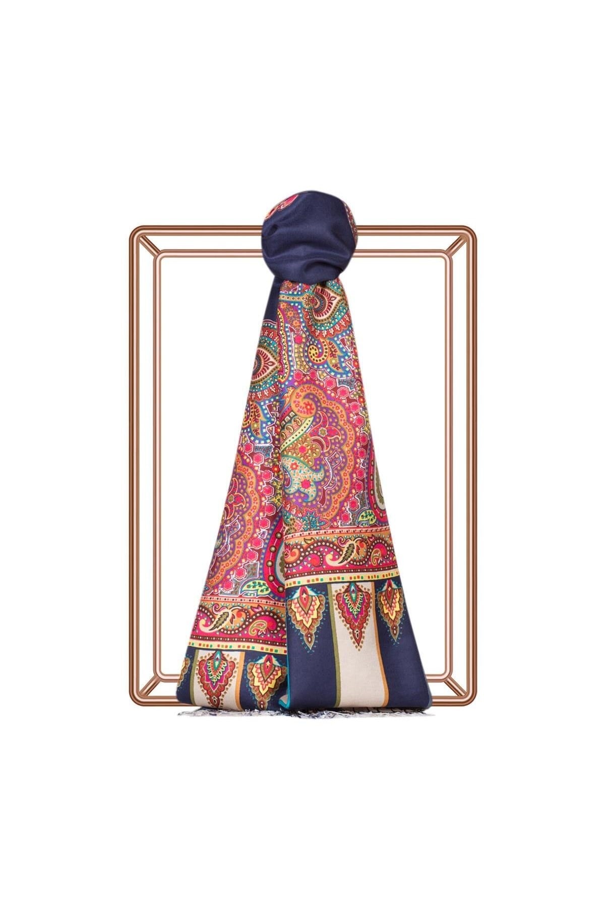 Çerçeve Paisley Desenli İpek Şal 06564-Lacivert