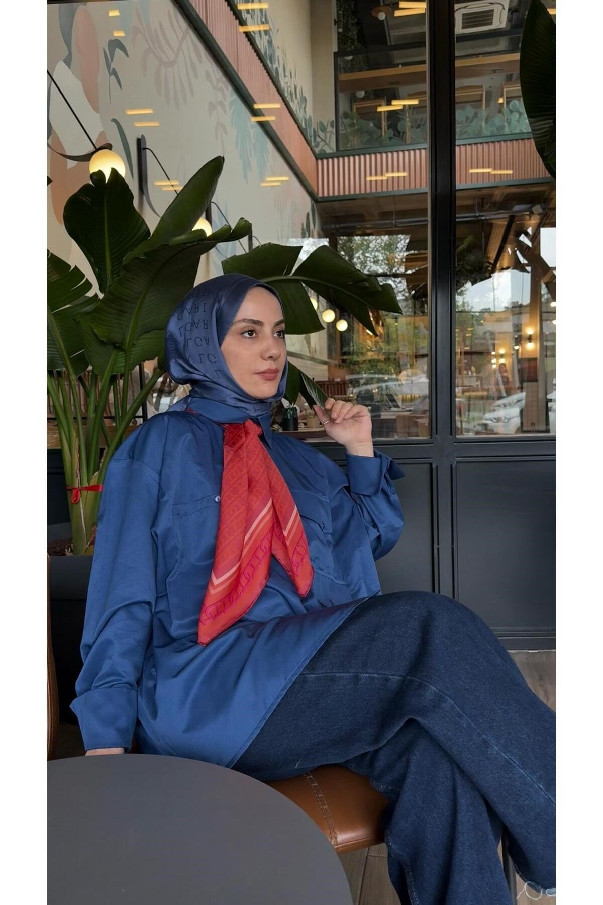 Çift Kapak Detaylı Oversize Gömlek Lacivert