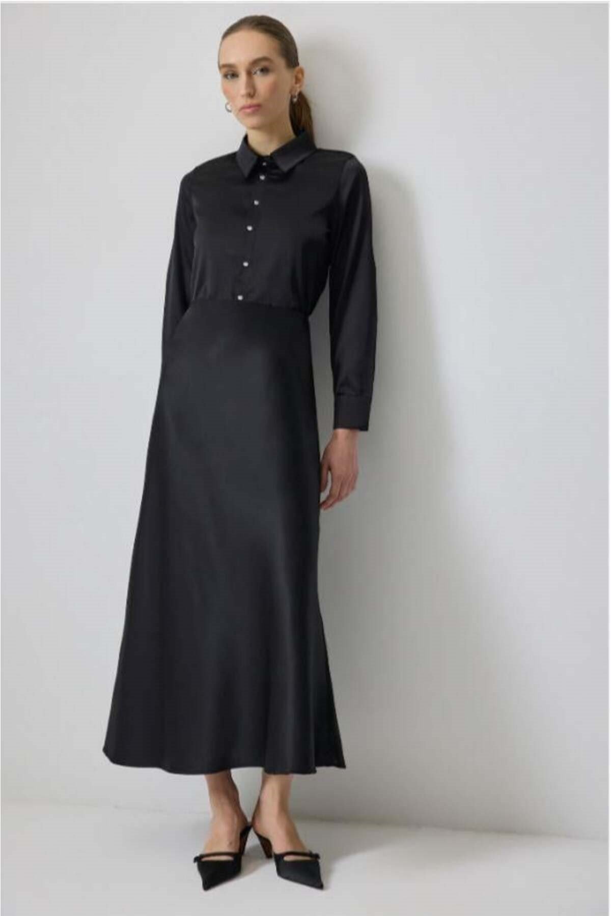Çıtçıtlı Saten Gömlek Body Siyah