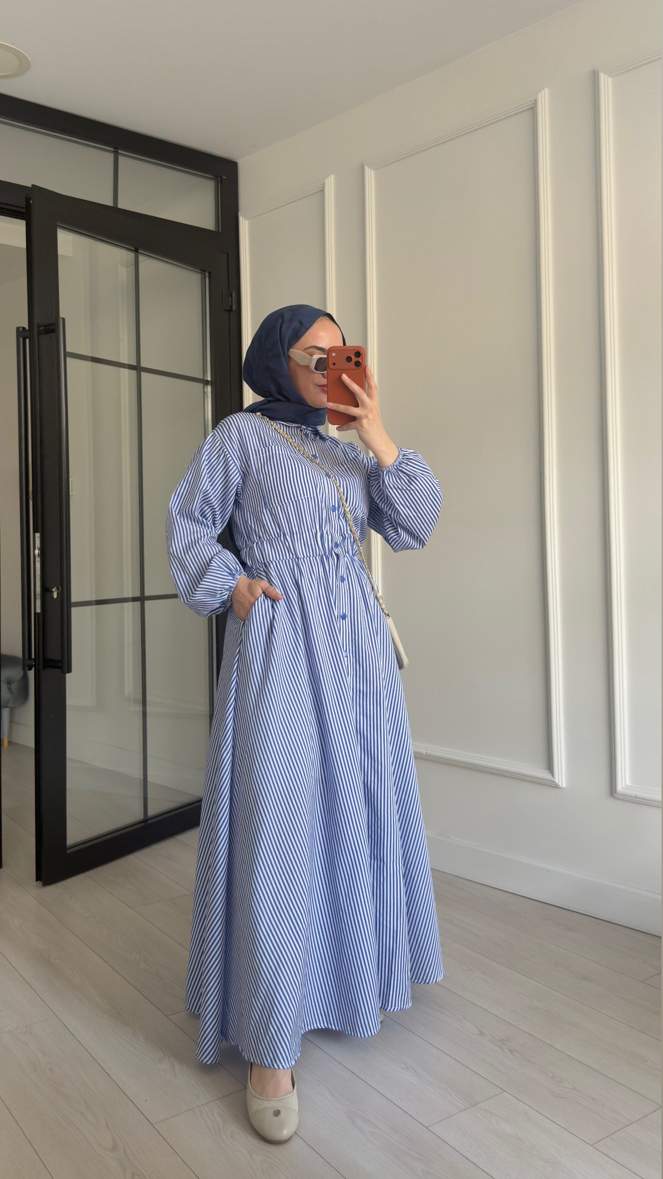 ÇİZGİLİ BELİ LASTİKLİ GÖMLEK ELBİSE