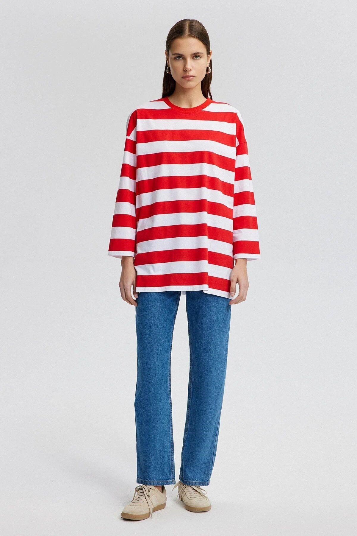 Çizgili Oversize T-Shirt Kırmızı