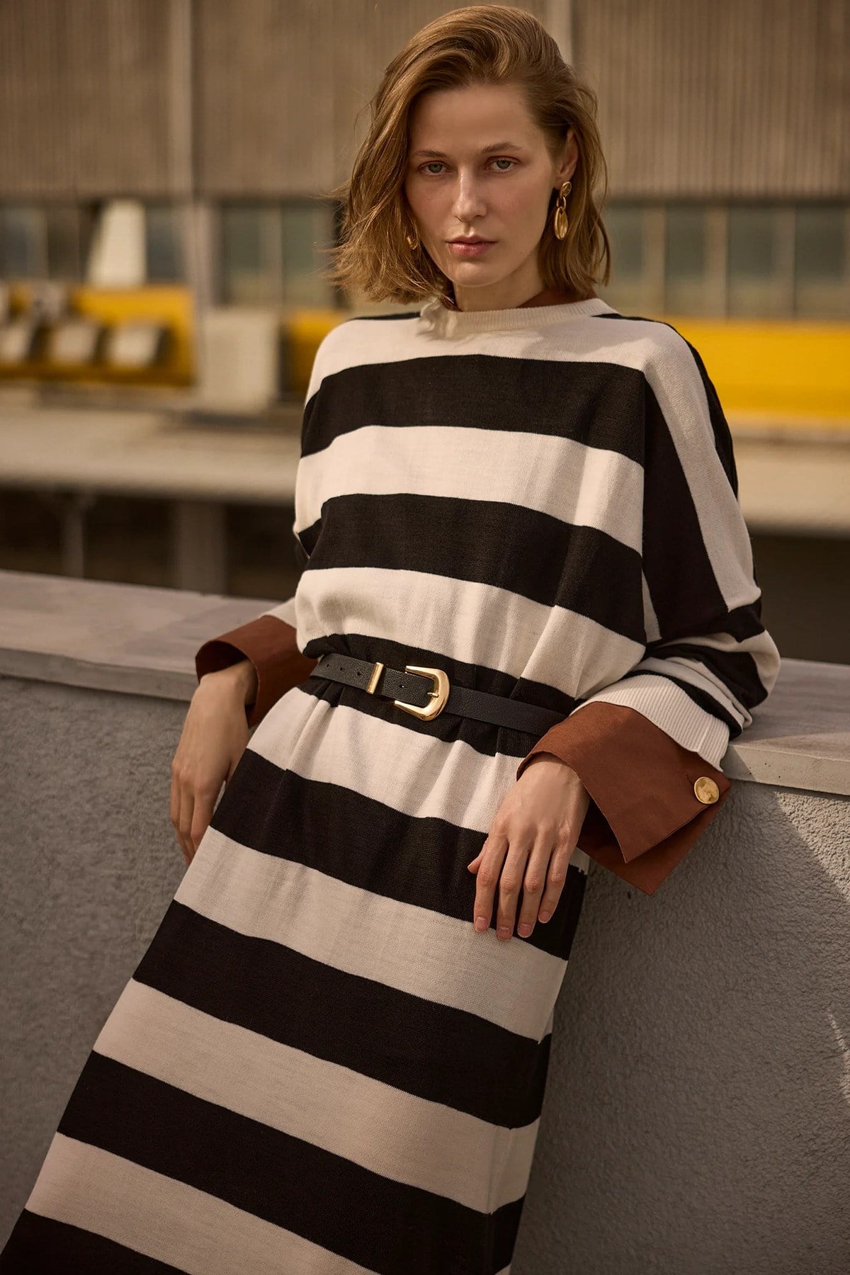 Çizgili Oversize Triko Elbise