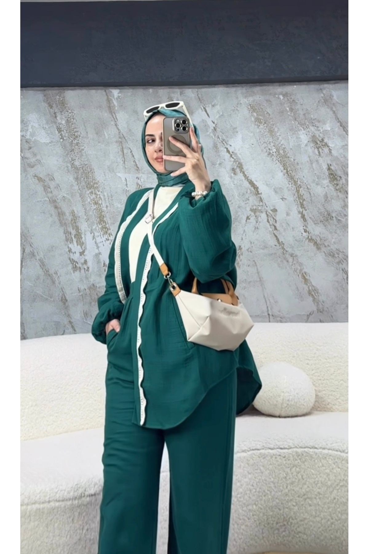 Dantel Detaylı Müslin Kimono Takım Yeşil