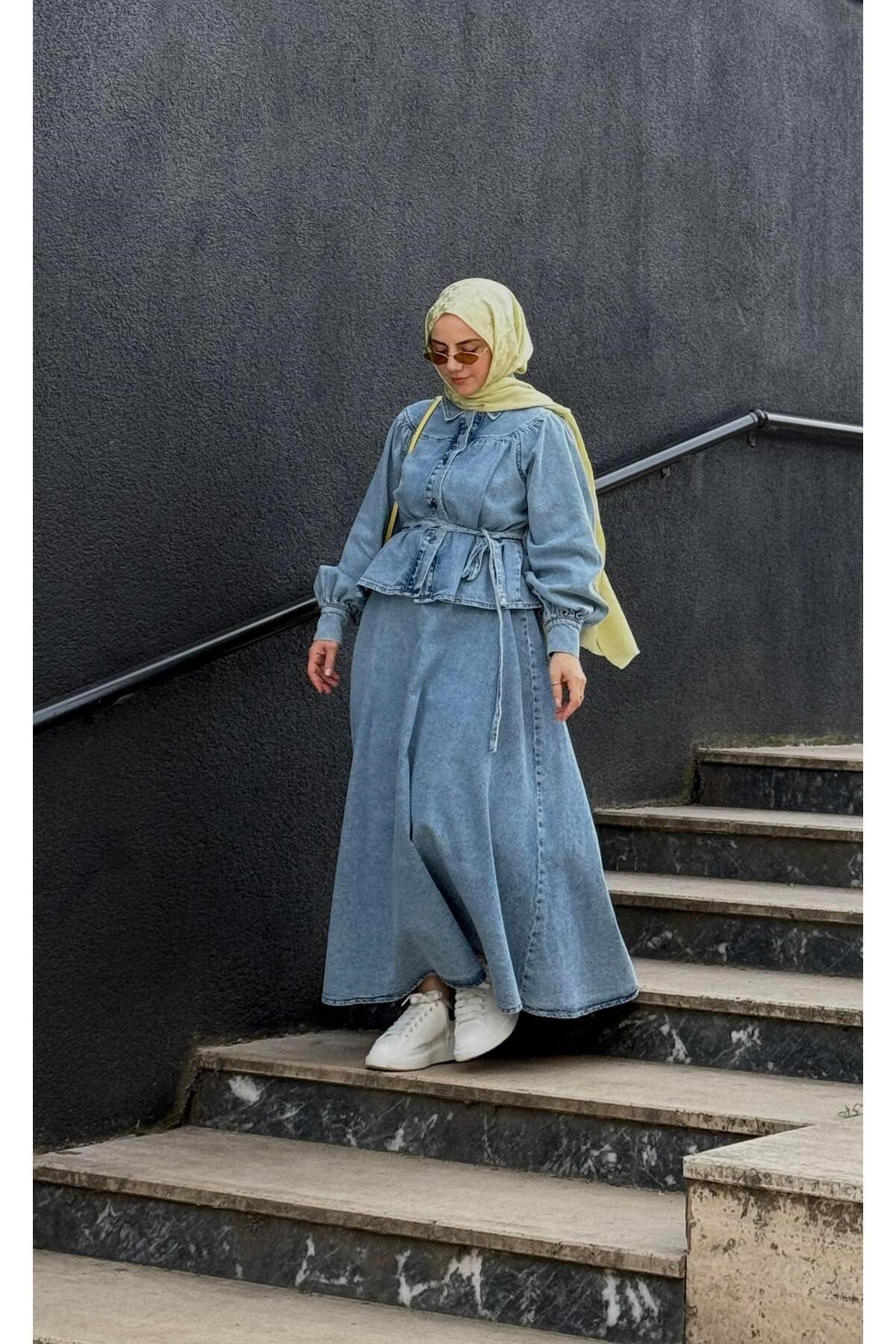Denim Ceket Etek Takım Açık Denim