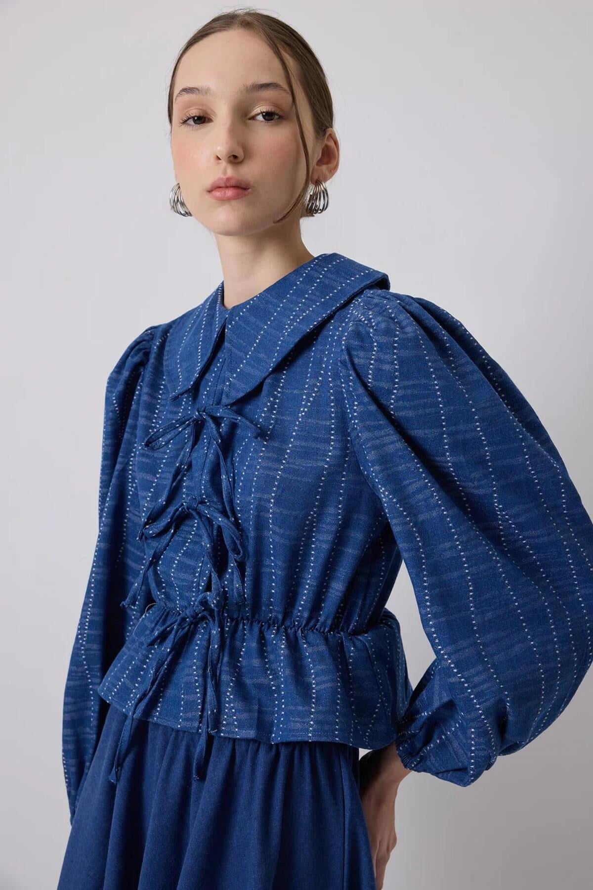 Denim Efektli Bluz Etek Takım - Denım