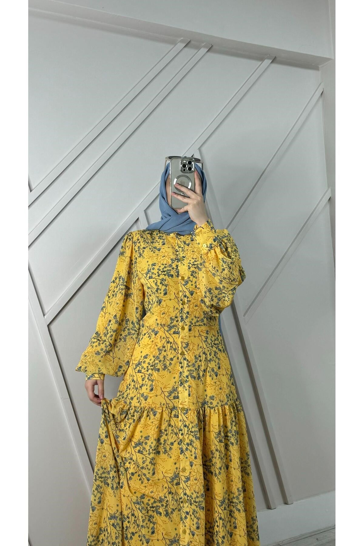 Desenli Şifon Gömlek Elbise Sarı