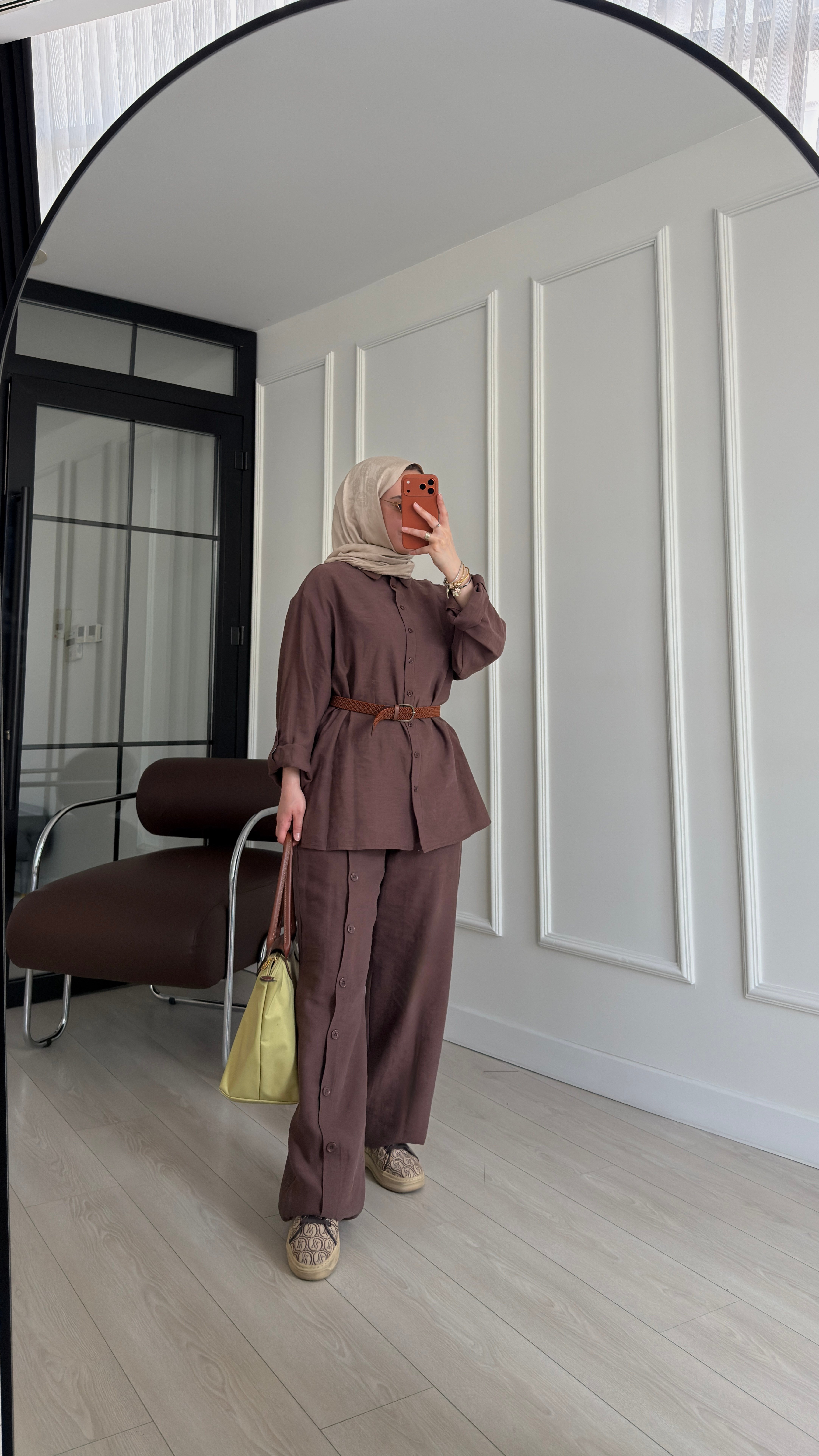 Düğme Detaylı Gömlek Pantolon Takım - Kahverengi