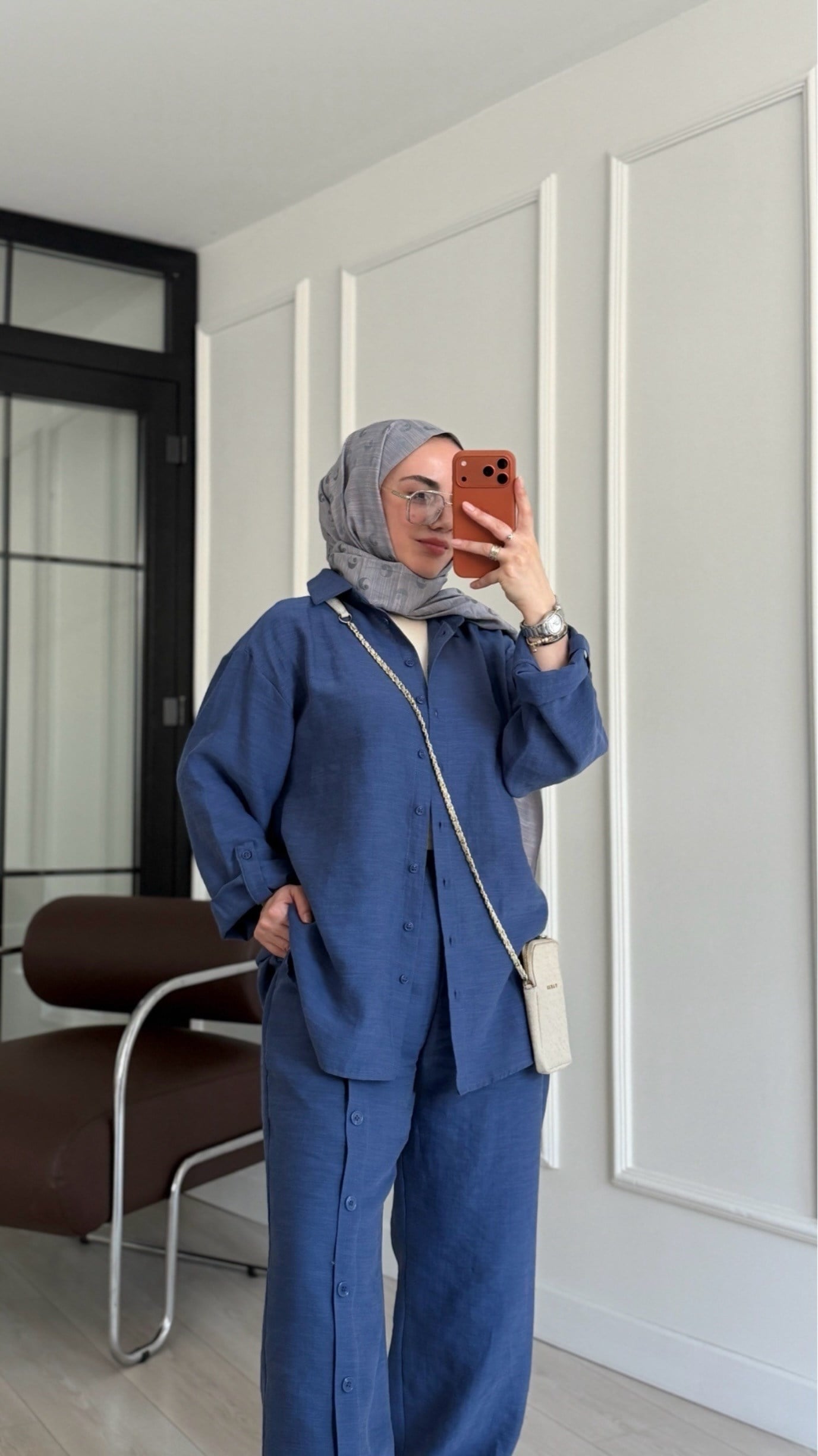 Düğme Detaylı Gömlek Pantolon Takım - Mavi