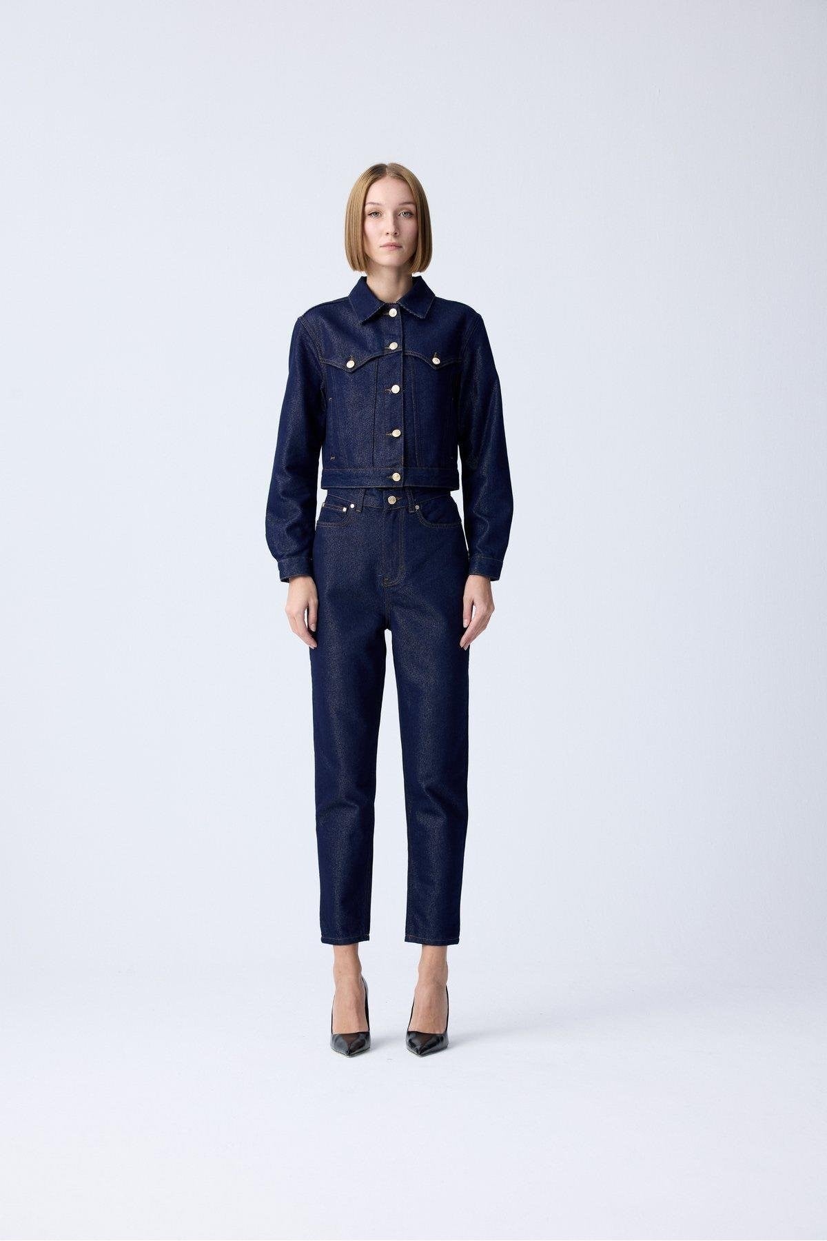 Gold Düğme Detaylı Lacivert Denim Pantolon