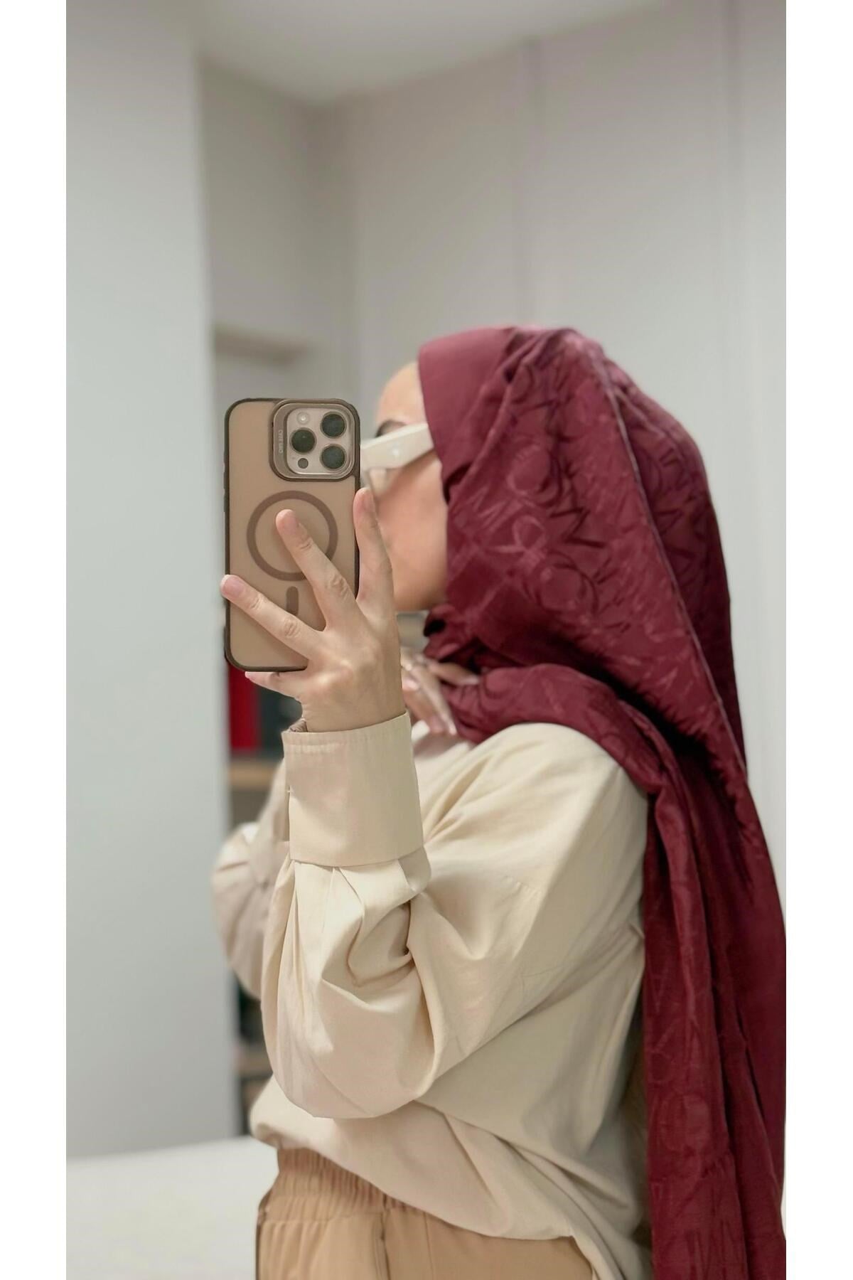 İmannoor Monogram Shiny Jakar Şal Bordo