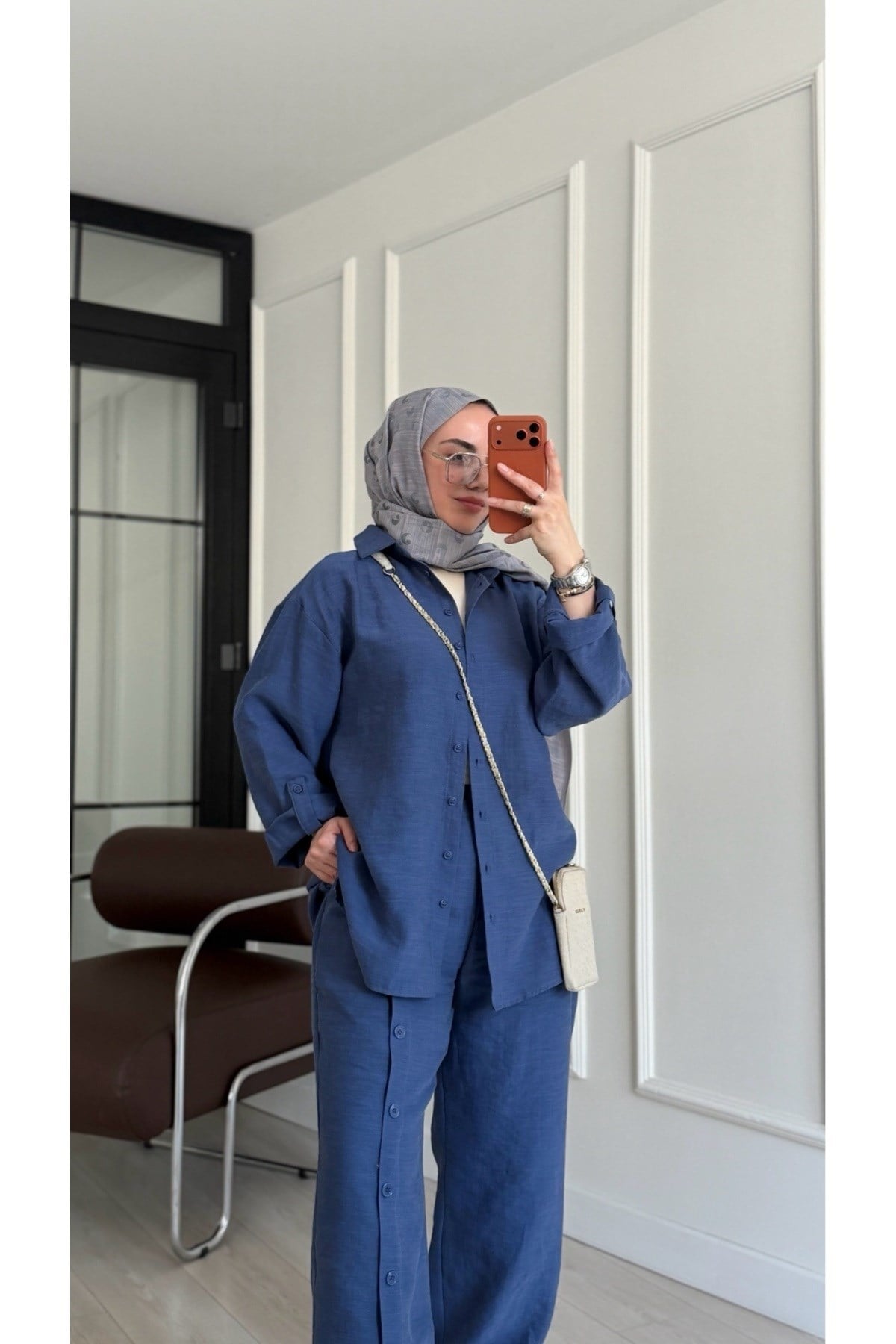 Kadın Düğme Detay Keten Takım