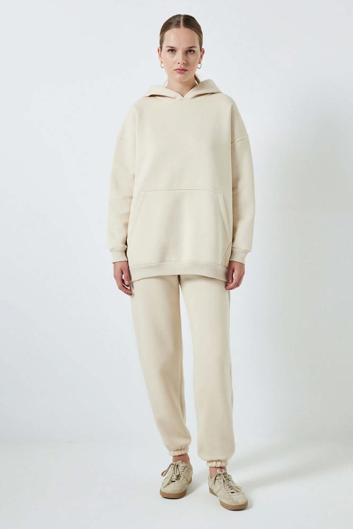 Kapüşonlu Sweatshirt Eşofman Takım Bej