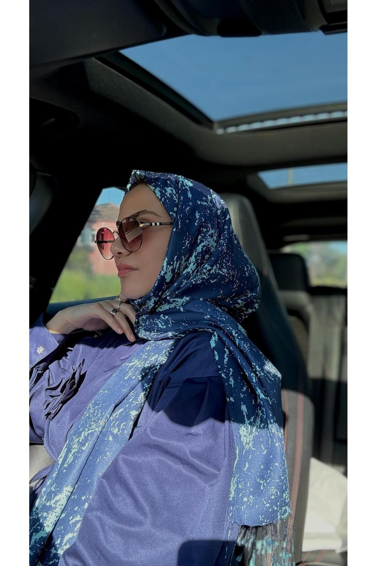 Mermer Desenli İpek Şal Lacivert Turkuaz