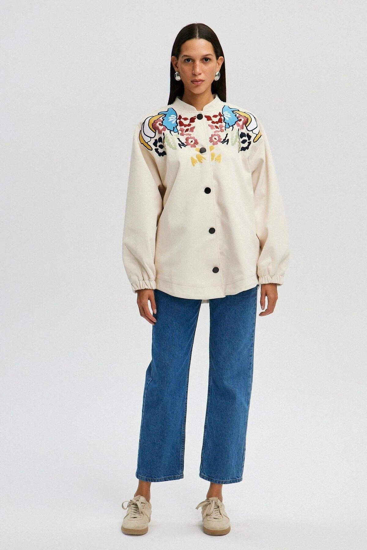 Nakışlı Denim Bomber Ceket Naturel