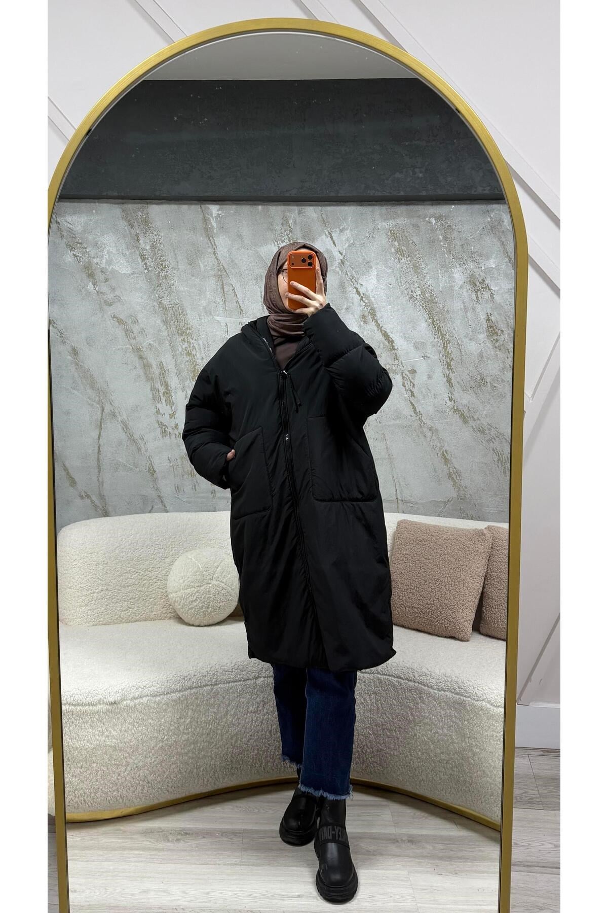 Oversize Maxi Şişme Mont Siyah