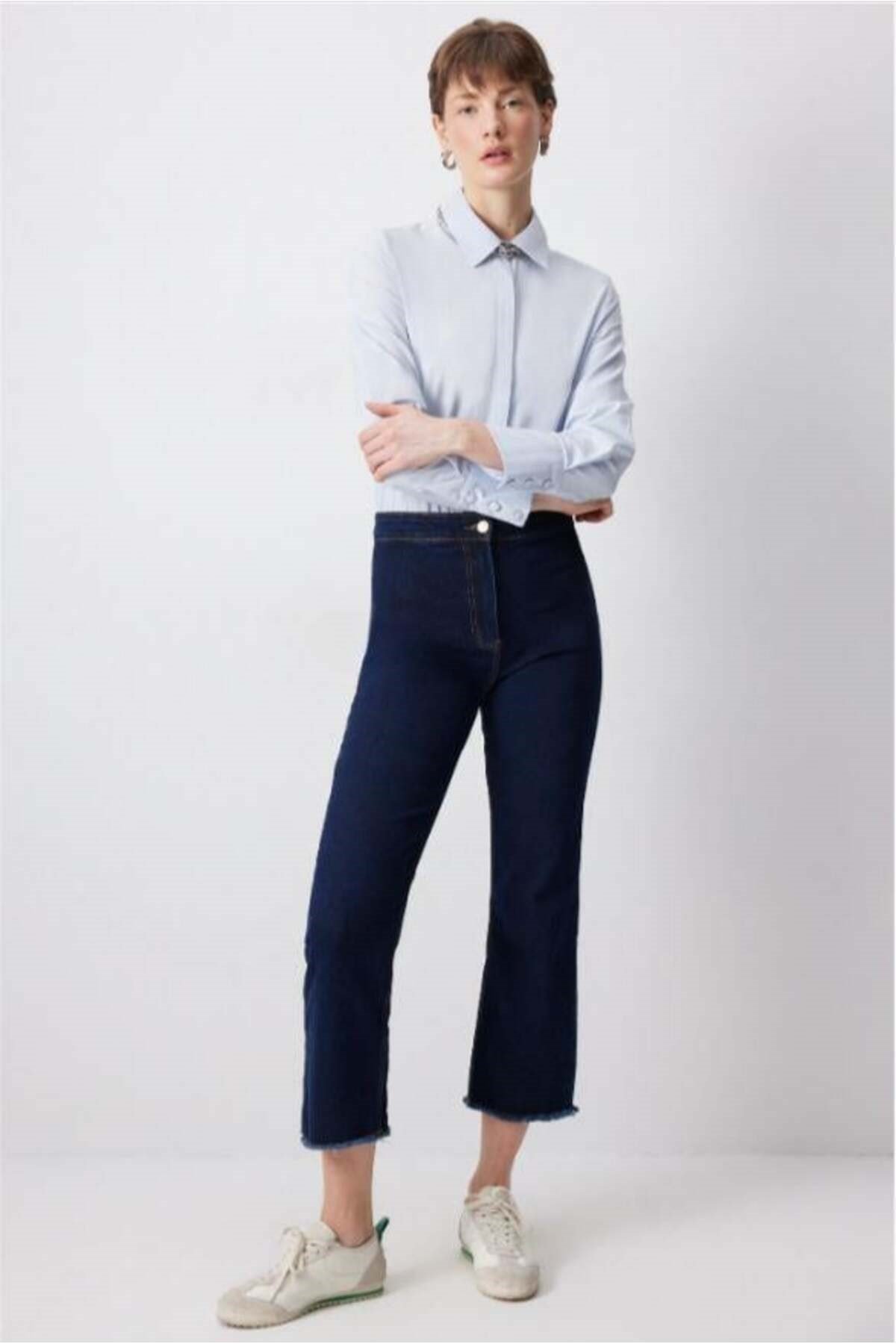 Paçası Püsküllü Denim Pantolon Koyu Denim