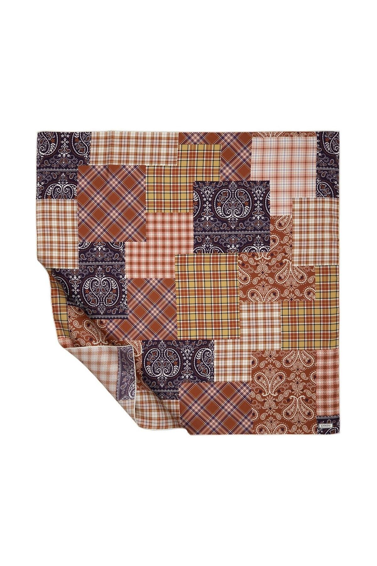 Patchwork Desenli Tivil İpek Eşarp Pudra Mor