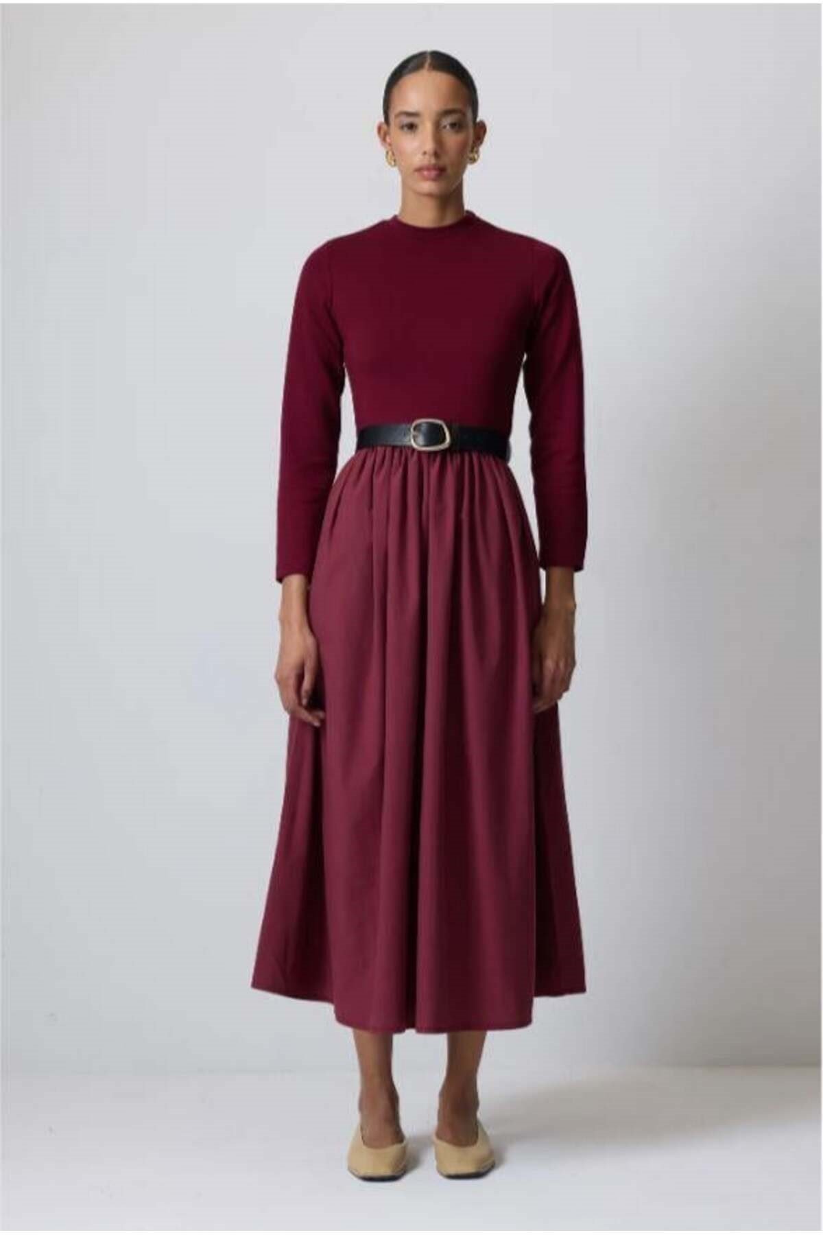 Pile Detaylı Elbise Bordo