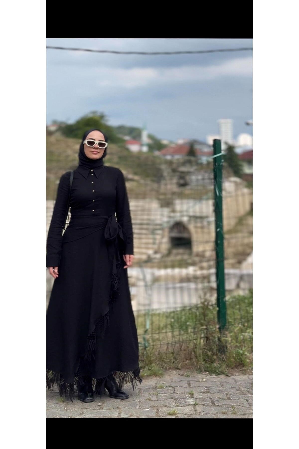 Püskül Detaylı Kruvaze Gömlek Elbise Siyah