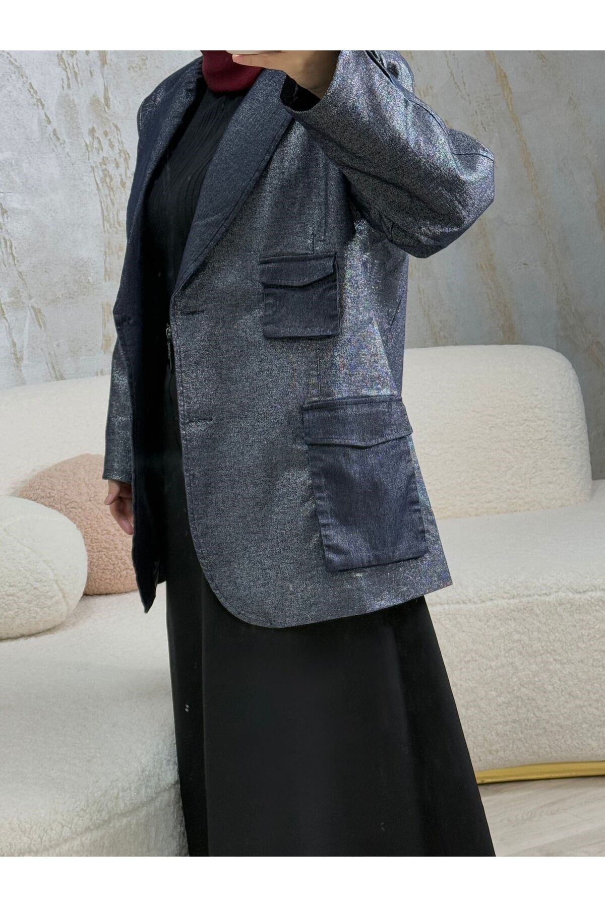 Semra İlhan - Denim Oversize Blazer Ceket Koyu Mavi