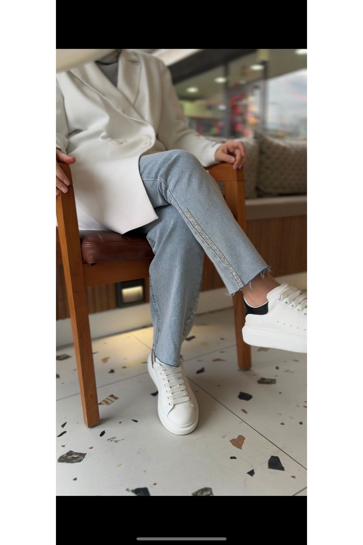 Semra Ilhan - Sawarovski Taşlı Denim Pantolon Açık Mavi