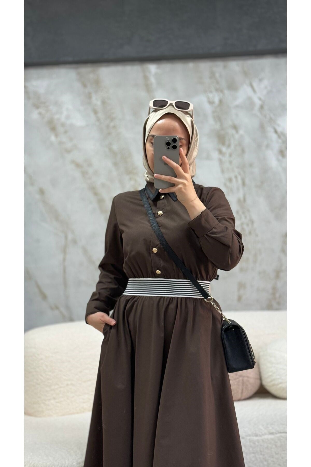 Semra İlhan - Touche Beli Lastik Detaylı Poplin Elbise Koyu Kahve
