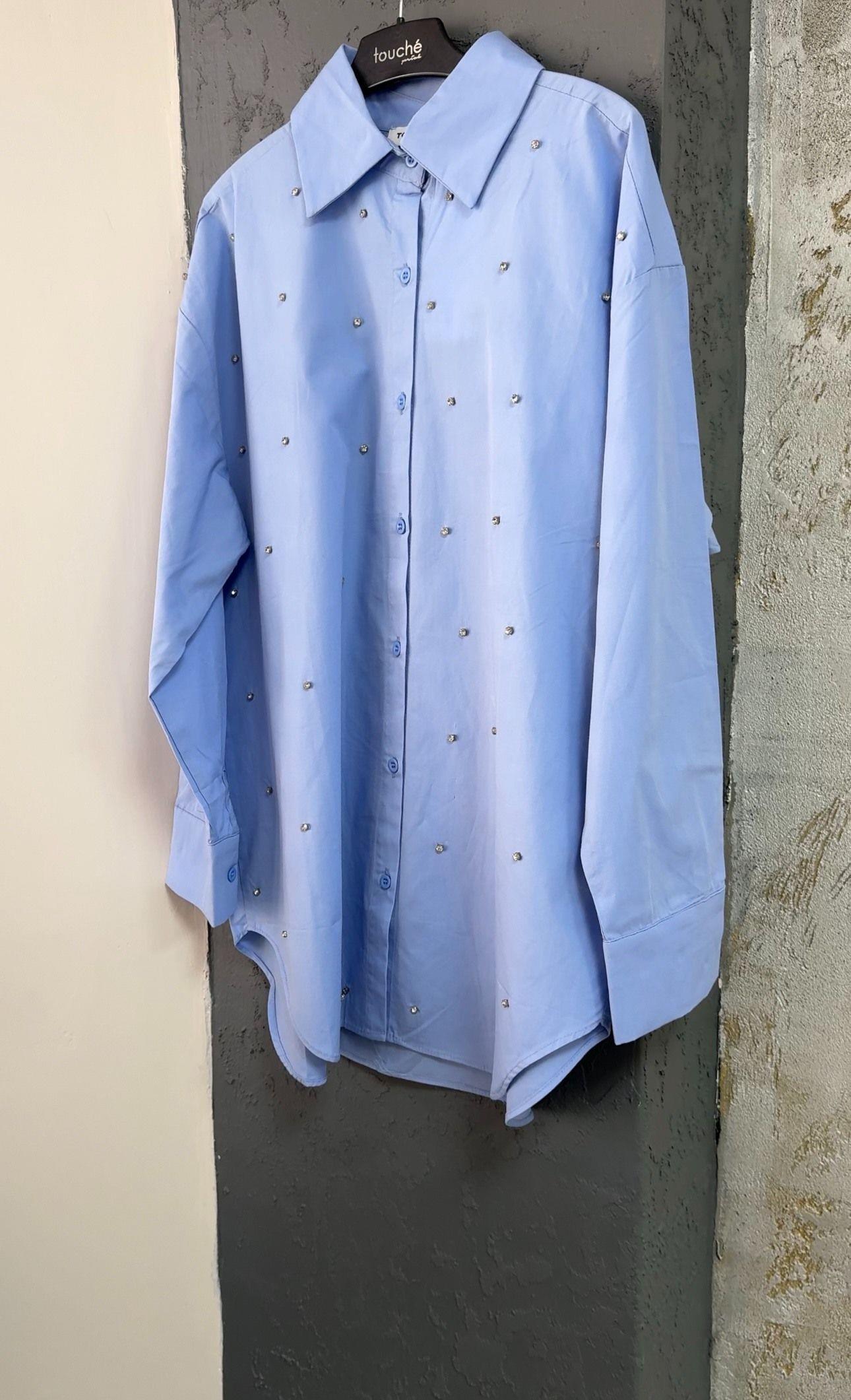 Touche Taş Detaylı Oversize Gömlek Mavi