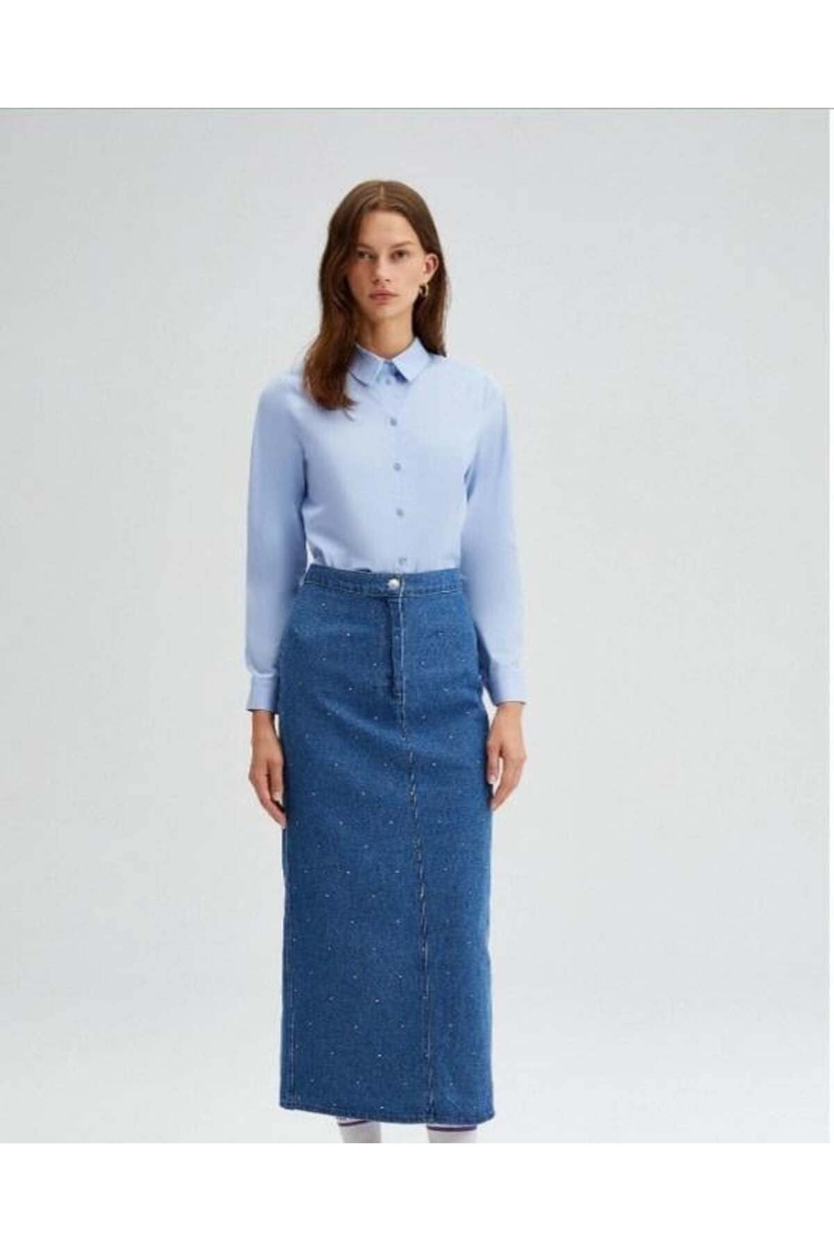 Taş Detaylı Etek Denim
