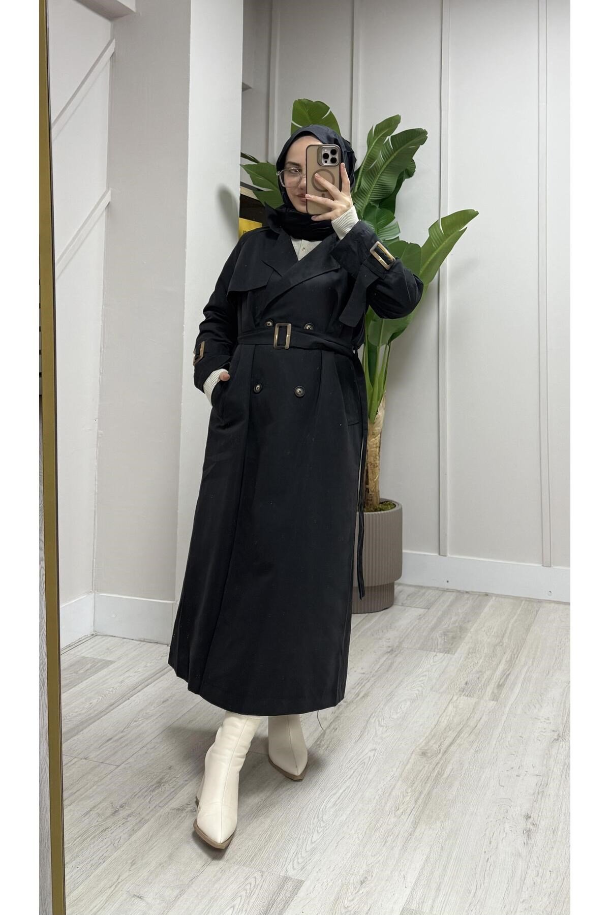Toka Detaylı Oversize Trençkot Siyah