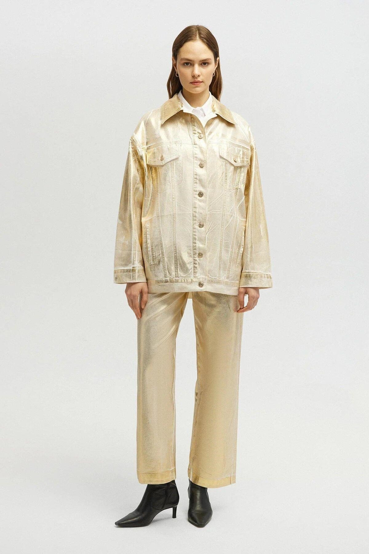 Varaklı Oversize Denim Ceket Gold