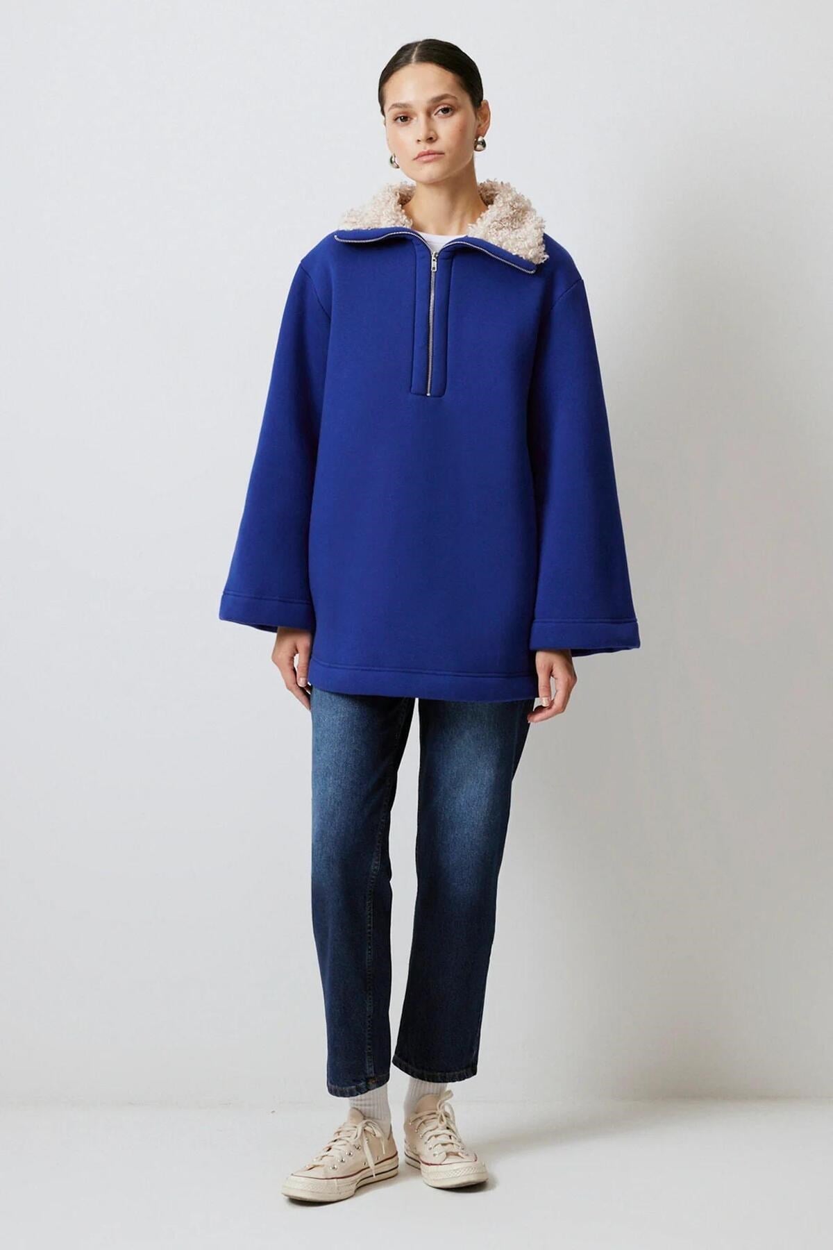 Yakası Kürklü Sweatshirt Indigo