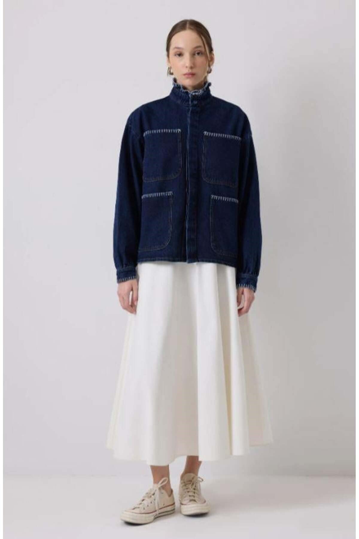 Yakası Nakışlı Denim Ceket Koyu Denim