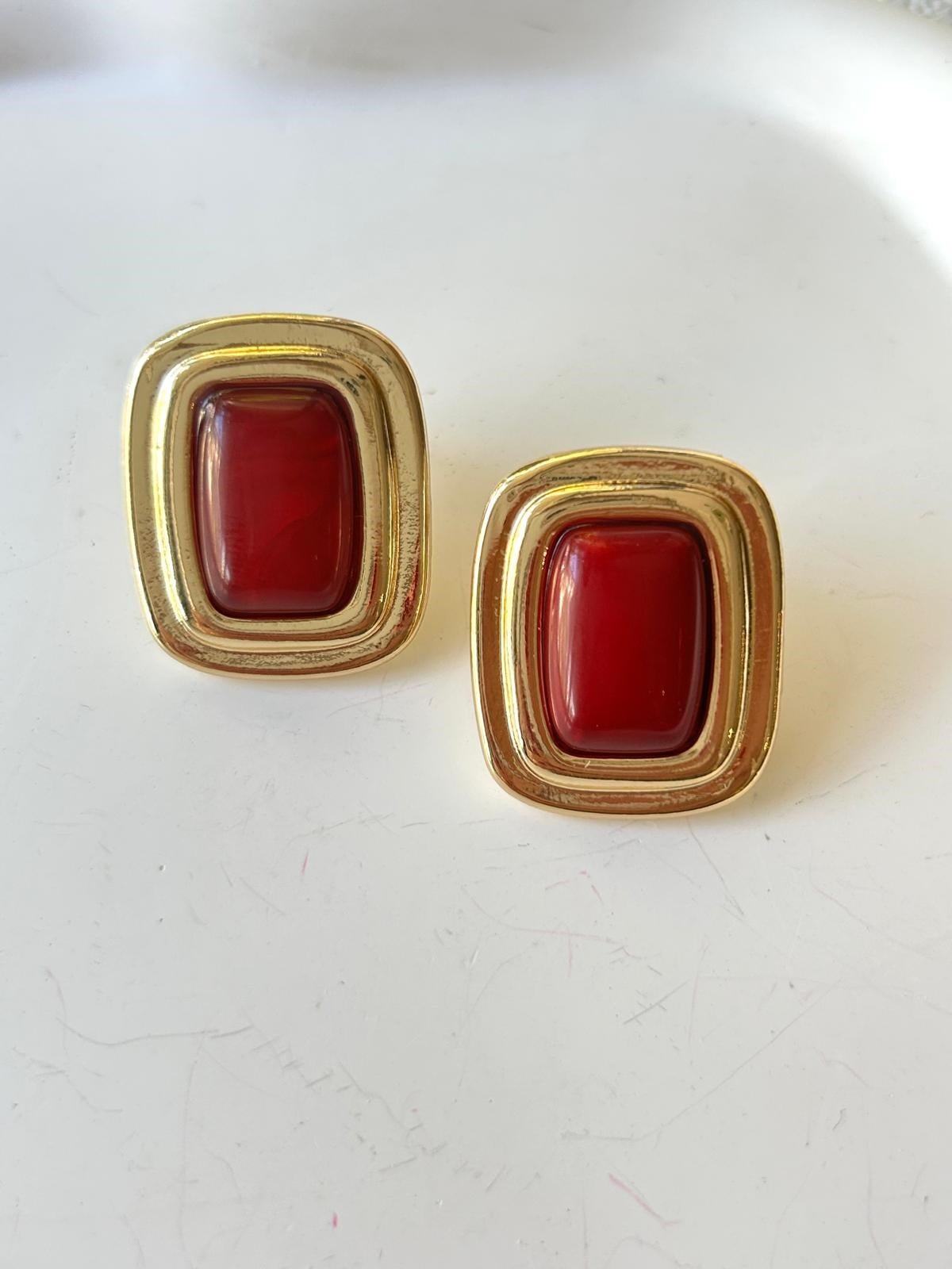 Bordo Kare Form Gold Küpe