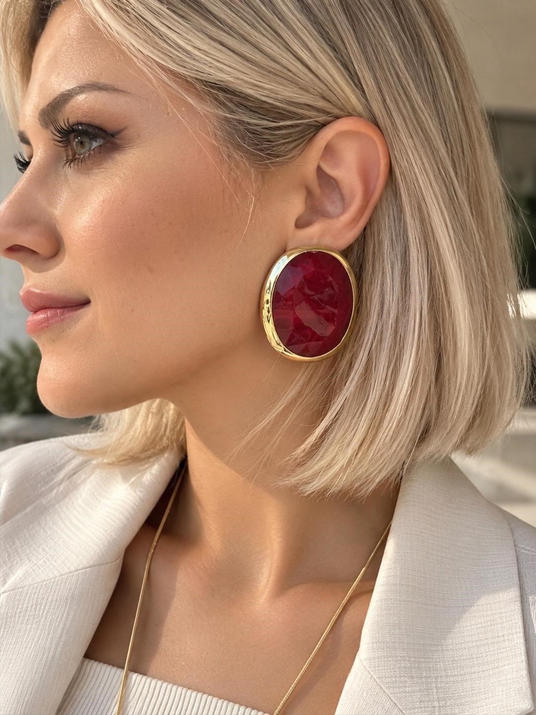 Büyük Bordo Oval Gold Küpe