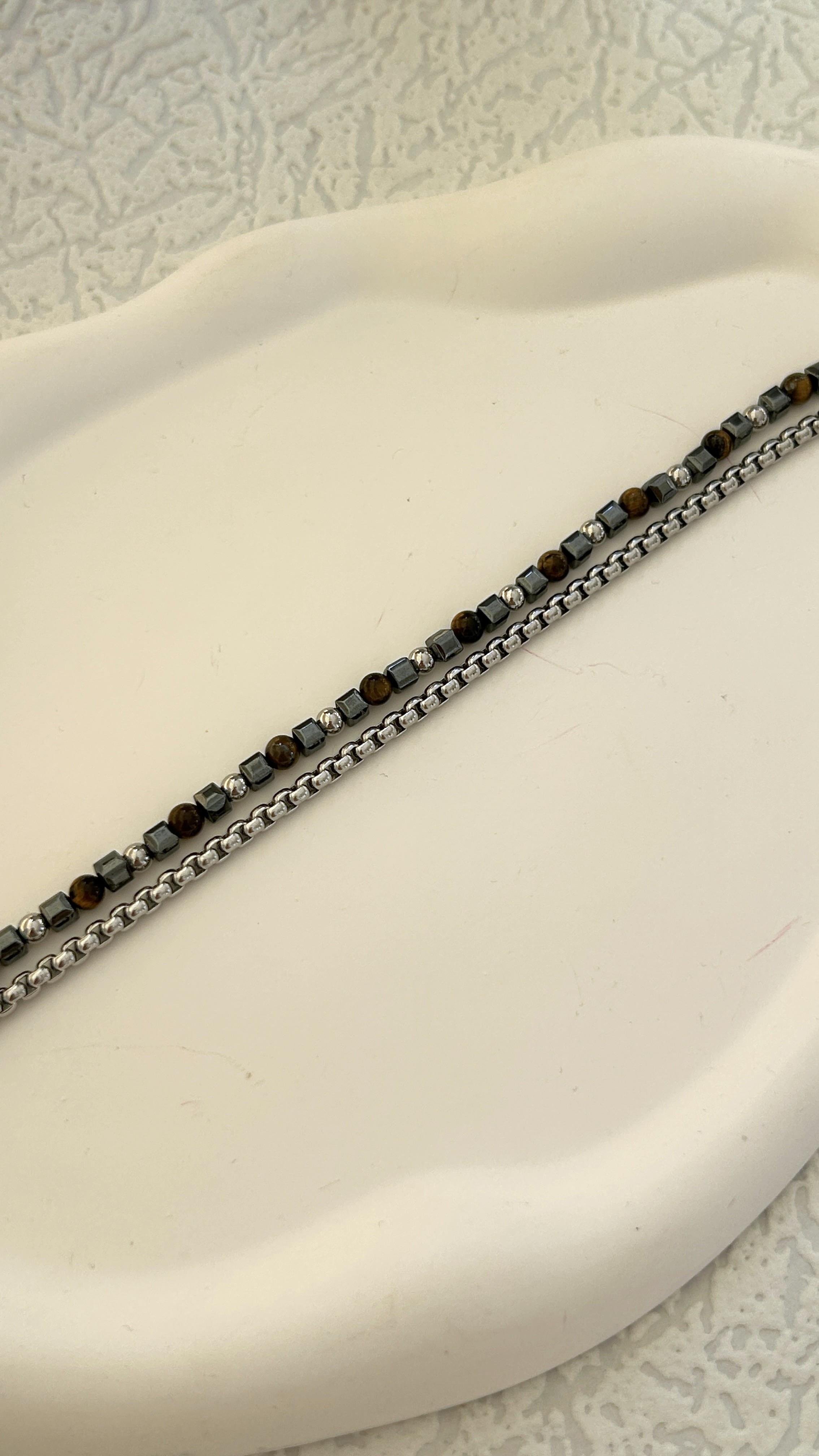 Kahve Doğaltaş Zincir İkili Bileklik