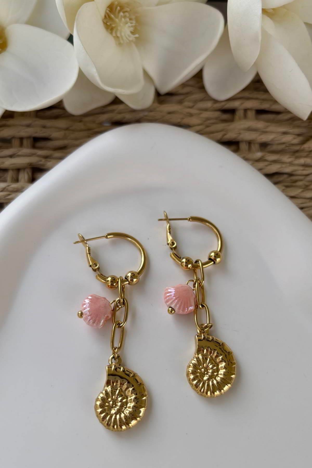 Çelik 14K Pembe Midye Küpe