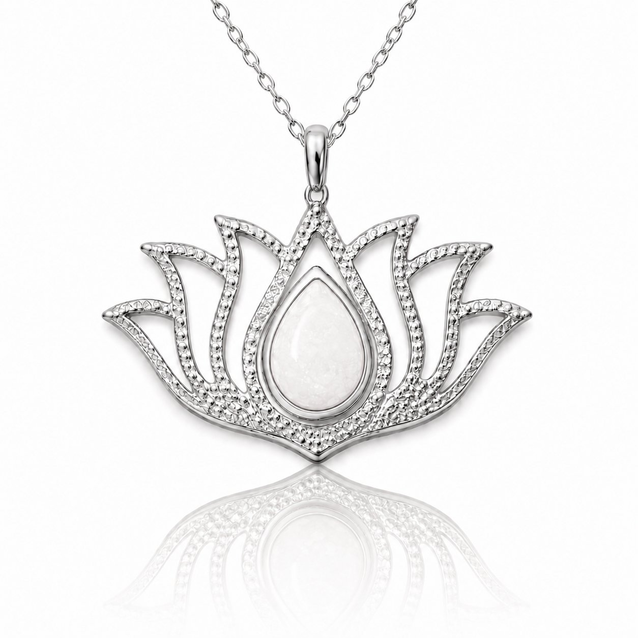 Gümüş Beyaz Opal Taşlı Lotus Kadın Kolye