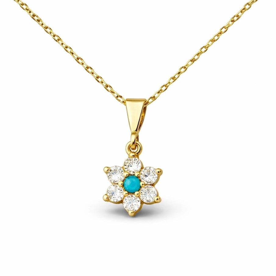 Gümüş Mavi Taşlı Gold Çiçek Kadın Kolye