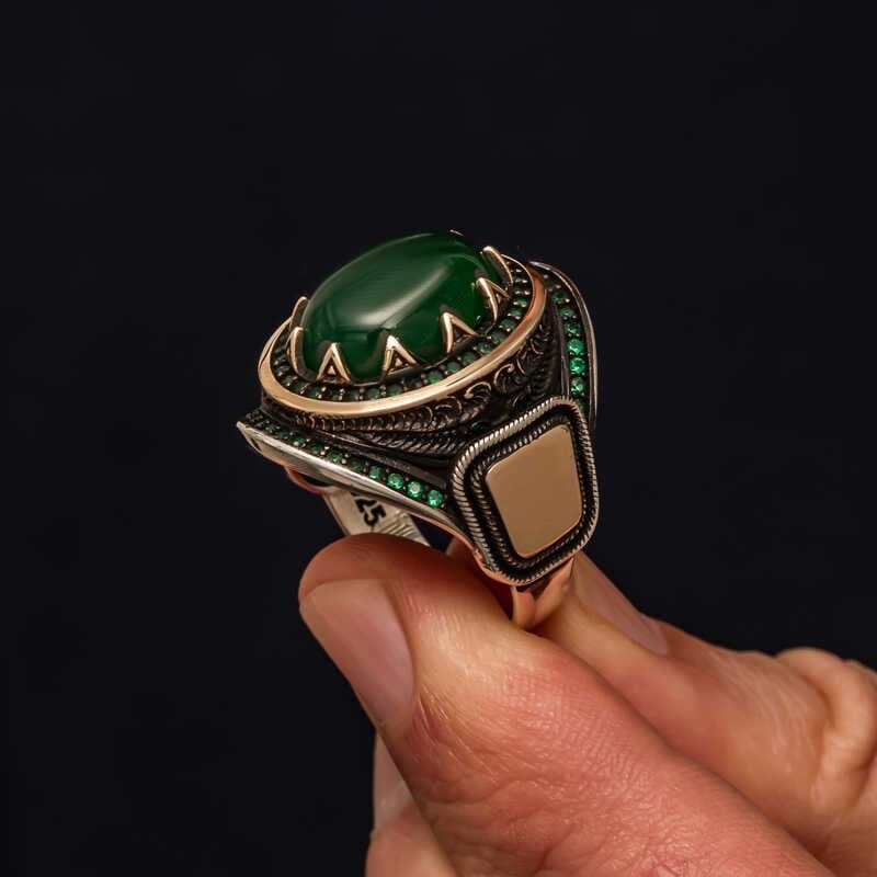 Gümüş Yeşil Akik Taşlı Erkek Yüzük