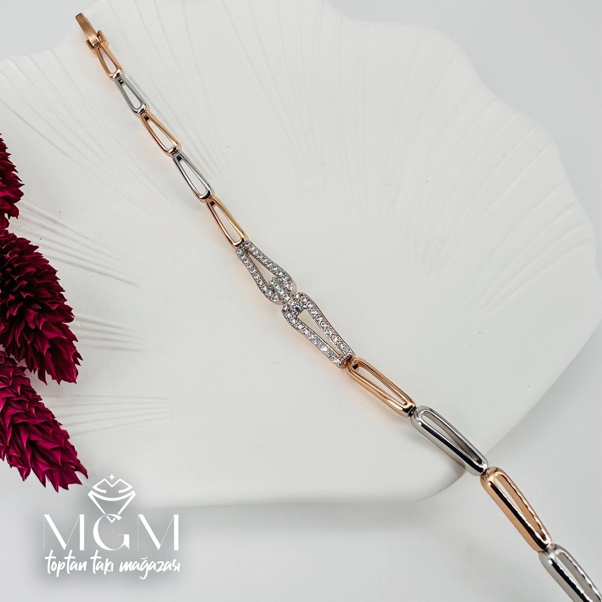 Rodyum+rose  Zirkon Taşlı Pirinç Bileklikler 16,5+2 Cm - Kbl0061