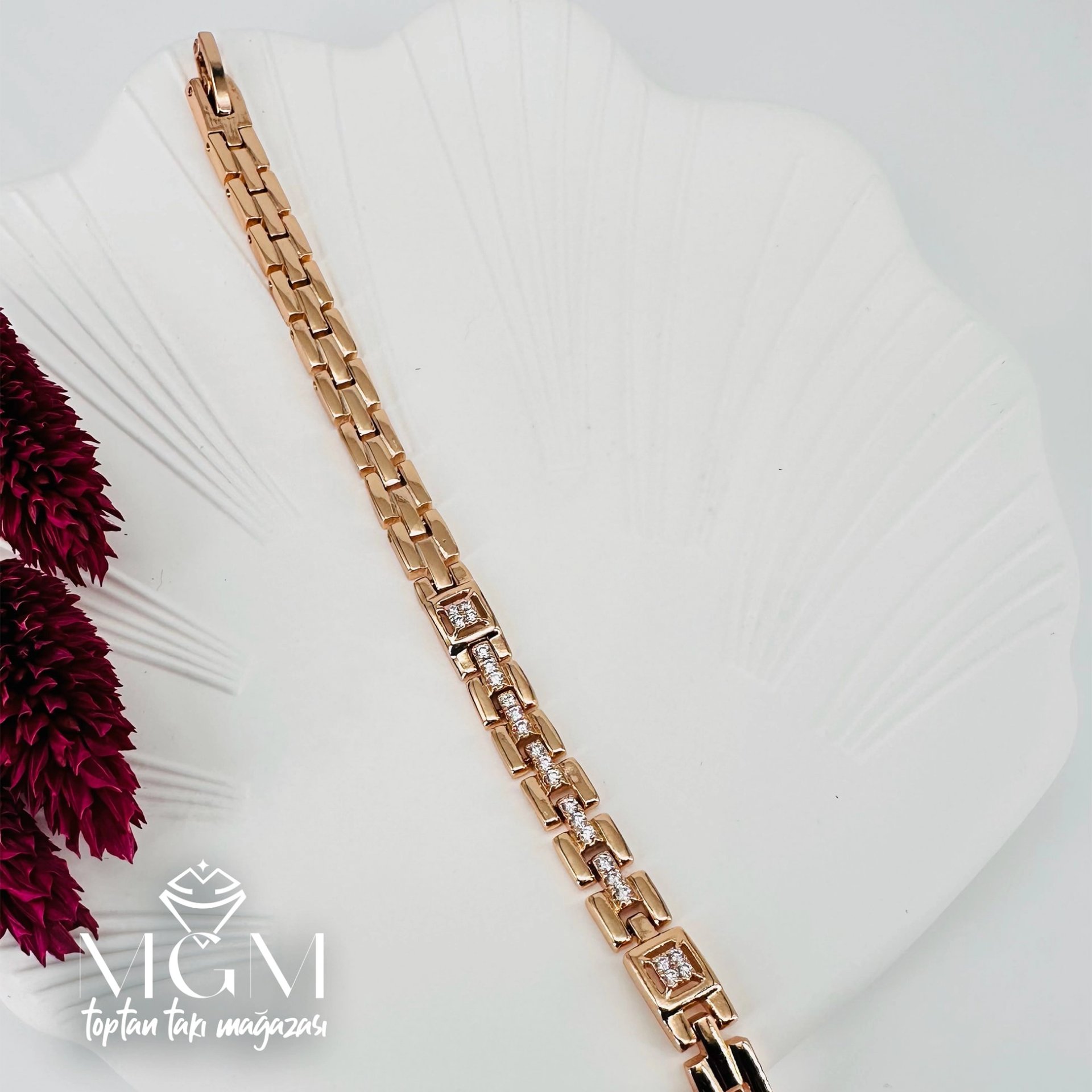 Rose  Zirkon Taşlı Pirinç Bileklikler 19 Cm - Kbl0040