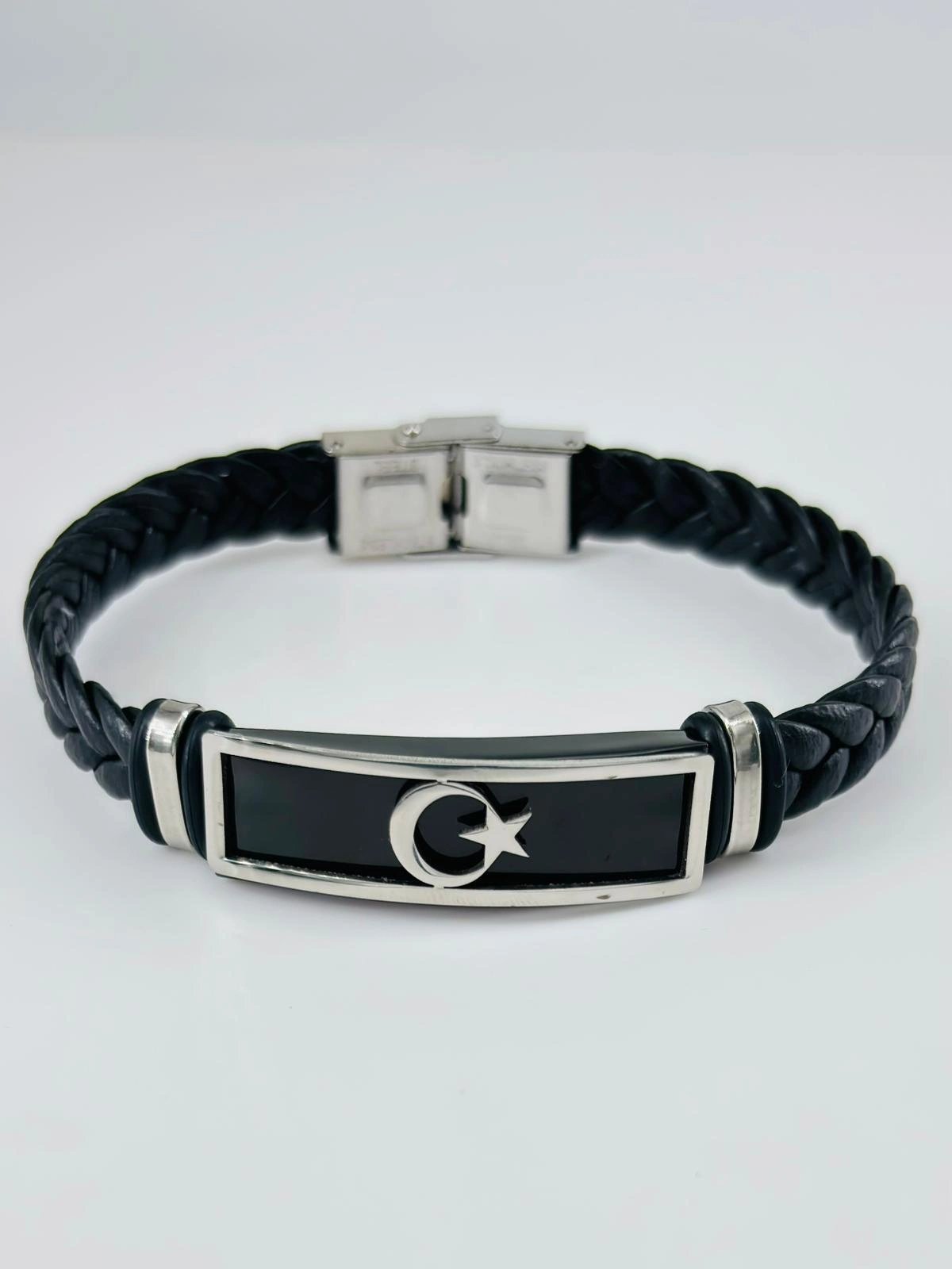 Siyah Deri / Çelik  Erkek Deri Bileklik 20 Cm  - Ebl0125