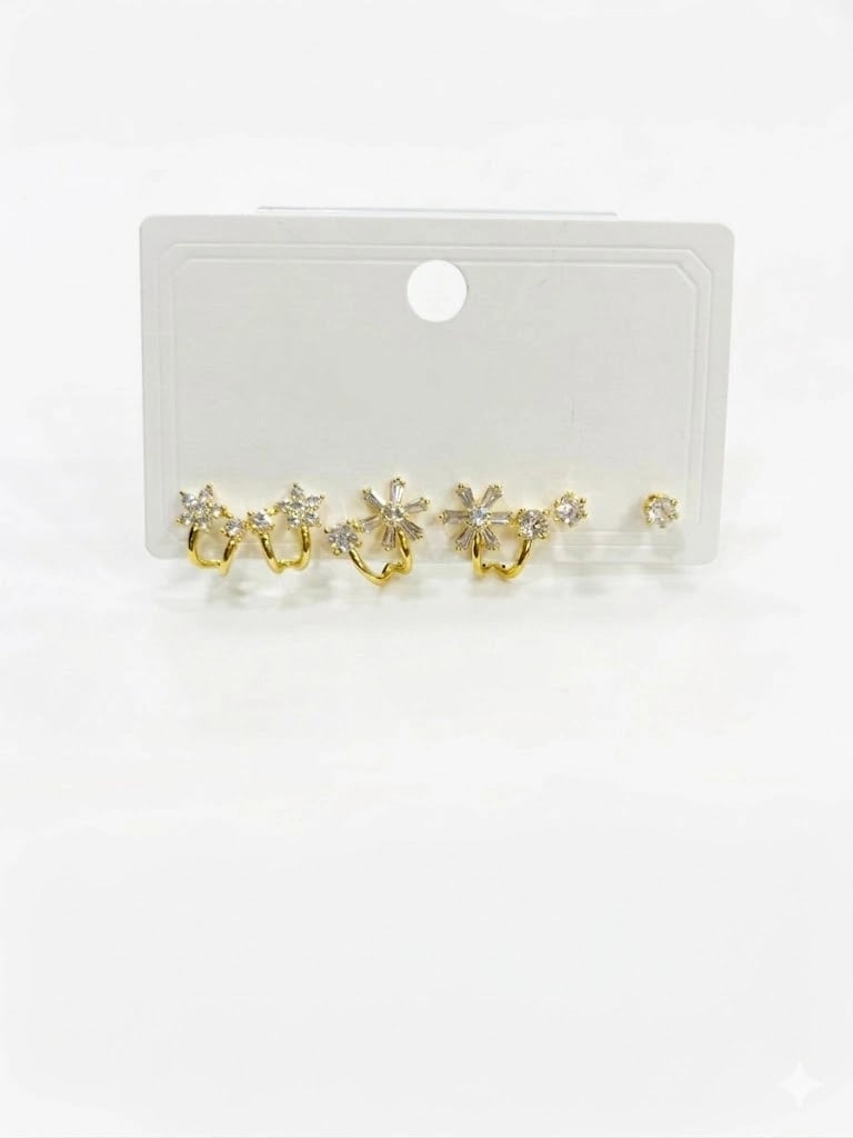 Zirkon Taşlı Pirinç Altılı  Kombin Küpe - Kp00568