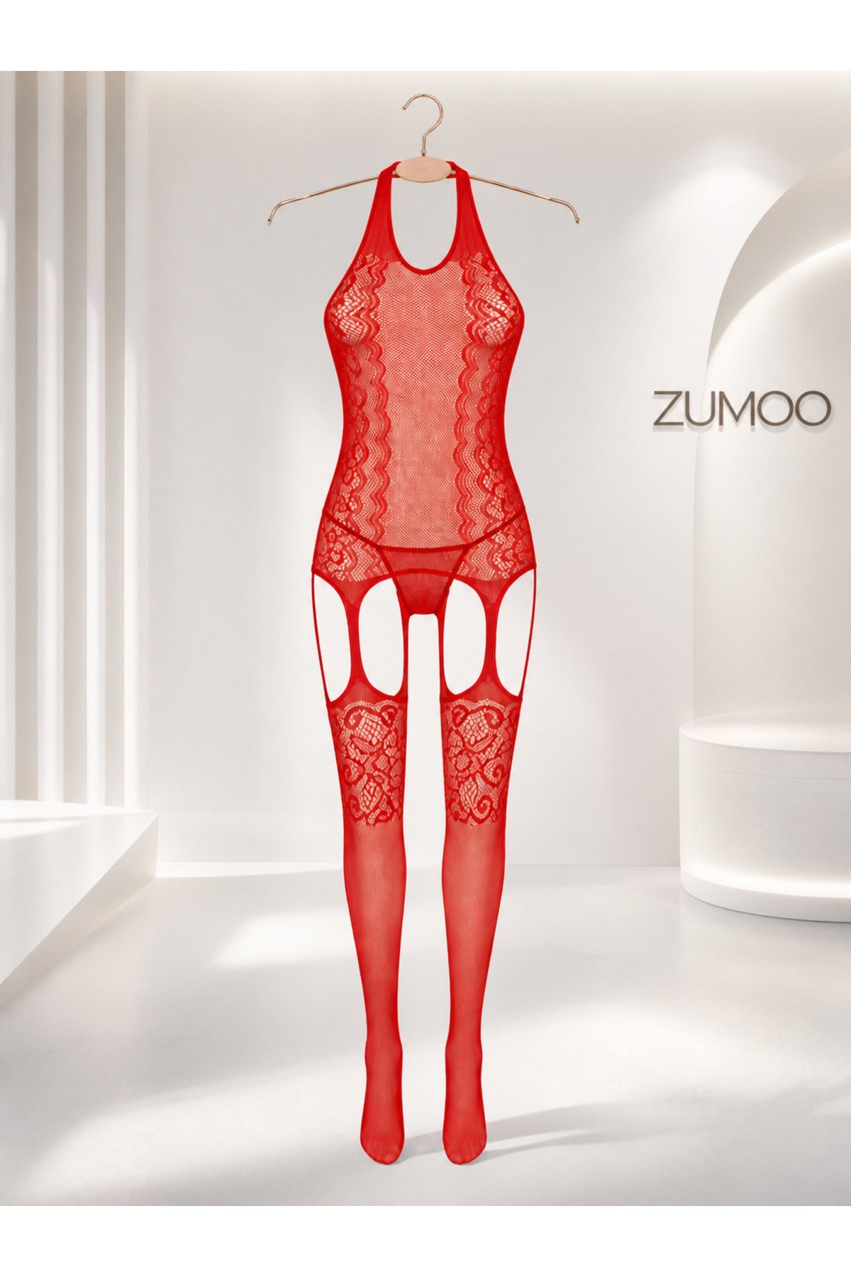 Kırmızı Dantel Vücut Çorabı Esnek Body Stocking Seksi Şık Rahat Kalıp